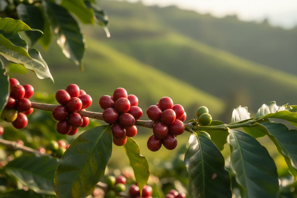 Ripe coffee cherries on the branch
